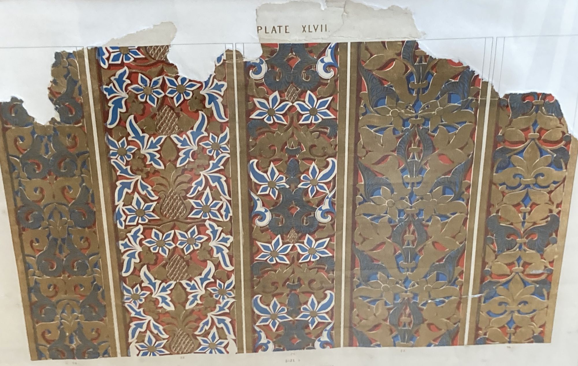 Owen Jones, three chromolithographs, column capital and other designs 1844, 38 x 54cm